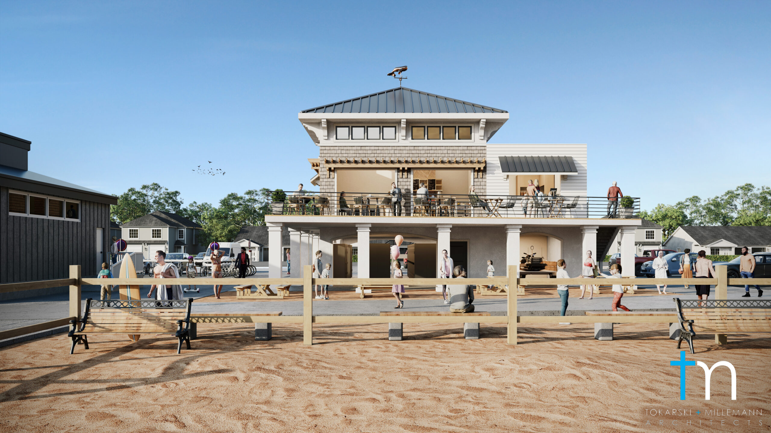 Rendering of a commercial real estate project on a beach boardwalk with people enjoying recreational activities, showcasing future beachfront development and mixed-use planning
